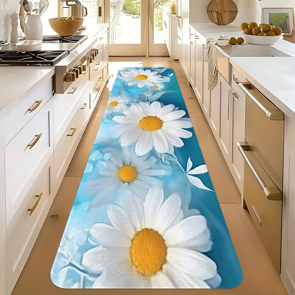 Commercial Kitchen Background - Mavi Zemin Beyaz Papatya Desenli Mutfak